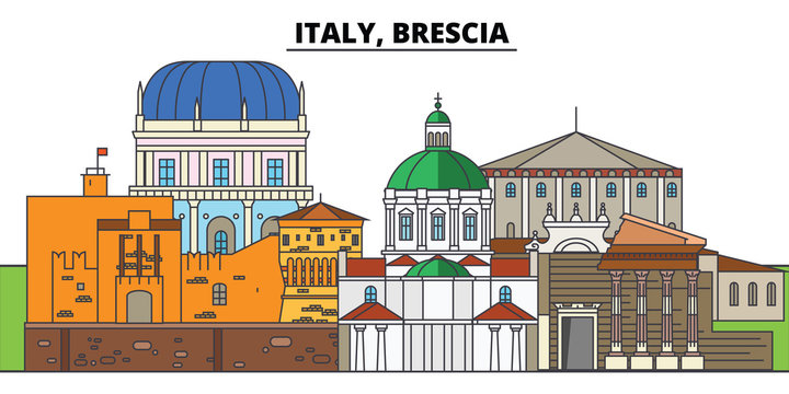 Italy, Brescia. City skyline, architecture, buildings, streets, silhouette, landscape, panorama, landmarks, icons. Editable strokes. Flat design line vector illustration concept