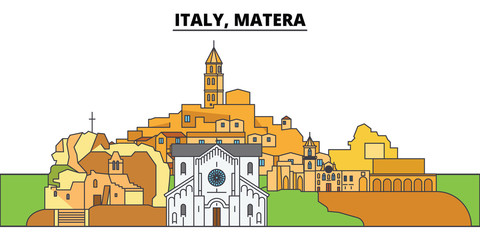 Italy, Matera. City skyline, architecture, buildings, streets, silhouette, landscape, panorama, landmarks, icons. Editable strokes. Flat design line vector illustration concept