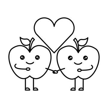 couple apples fruits with heart kawaii character vector illustration design