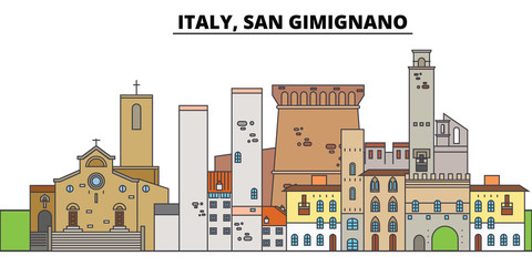 Italy, San Gimignano. City skyline, architecture, buildings, streets, silhouette, landscape, panorama, landmarks, icons. Editable strokes. Flat design line vector illustration concept - obrazy, fototapety, plakaty