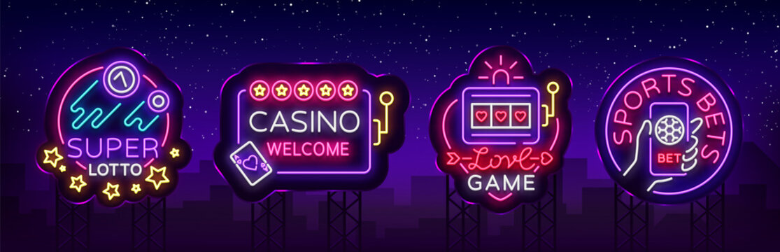 Casino collection of neon signs. Design template in neon style. Slot Machines, Poker Online Bright Logo Character, Winning Jackpot, Web Banner, Nightly Casino Advertising. Vector. Billboard