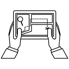 hands using tablet with gps application vector illustration design