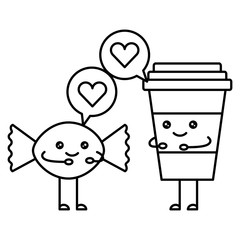 coffee drink and candy with speech bubble kawaii character vector illustration design