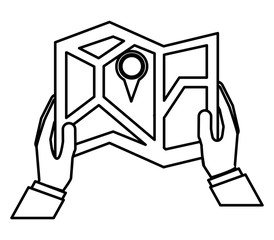 hands lifting paper map guide with pin location vector illustration design