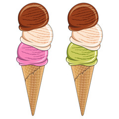 Set of tasty ice cream, three balls of different colors. Vector color illustration. Isolated objects on a white background.