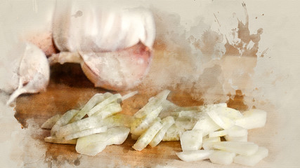 Garlic chopped. Watercolor background