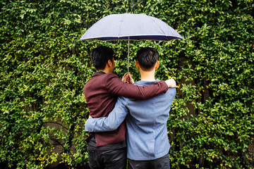 Gay couple holding umbrella and hands together. Back of homosexual men walking in the rain