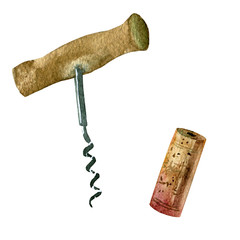 Watercolor illustration. Image of the corkscrew and wine cork.