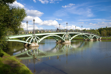 Fototapeta na wymiar Openwork metal bridge on a sunny September day. Landscape park, Moscow