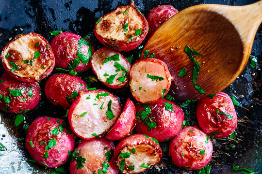Roasted radishes in a pan