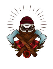 Vector colorful Tattoo of skull lumberjack. Print design of skull with axes and flowers in hipster style. Design logotype of skull with beard and mustache