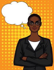 Vector colorful illustration of African American businesswoman in glasses with crossed arms.  Lady boss in office suit standing in front and smiling