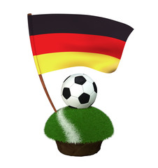 Naklejka premium A black and white round ball for playing football and the national flag of Germany are located on a stretch of a football field with green grass and a white stripe. 3D Illustration