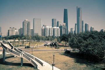 Naklejka premium A low angle view of commercial building in Guangzhou, China,