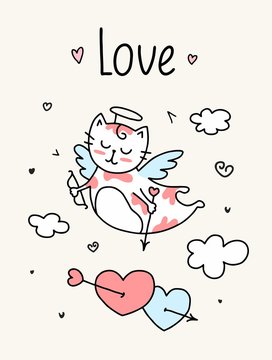 Cute cupid cat flies in the sky with bow and arrow around many hearts. Vector love and Valentine`s Day flat animal illustration card