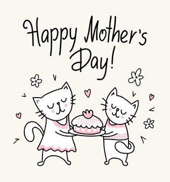 Happy Mother`s Day card with two kids and cake. Vector flat funny animal cartoon illustration