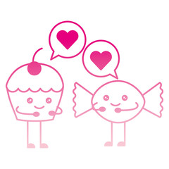 cup cake and candy with speech bubble kawaii character vector illustration design