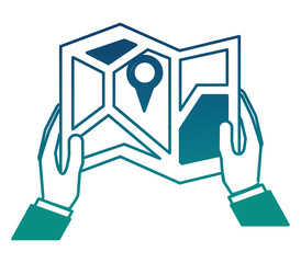 hands lifting paper map guide with pin location vector illustration design