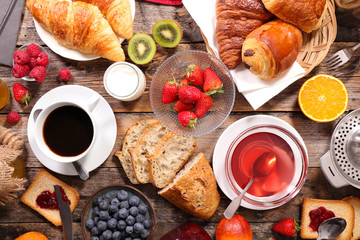 continental breakfast with coffee, tea and croissant