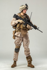 Soldier in camouflage holding rifle