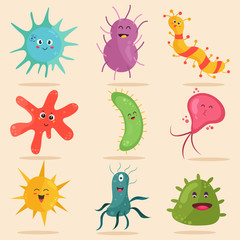 Naklejka premium Big bright set with cute happy bacterias