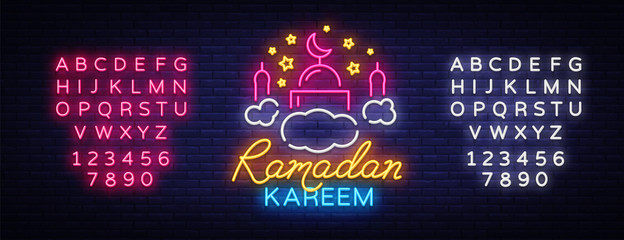 Ramadan Kareem neon sign. Ramadan Kareem vector banner in neon style, night bright signboard, celebration of Muslim community festival, islamic greeting design, greeting card. Editing text neon sign