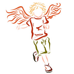 Running winged cheerful child, childhood