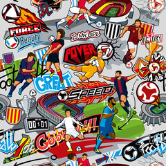 Soccer background. Seamless pattern. Football attributes, football players of various teams, balls, stadiums, graffiti, inscriptions. Vector graphics