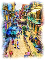 Street in center of Cinque terre, Italy. Colored pencil drawing artwork with white artistic frame. Sketch isolated fine art. Creative print for canvas or textile. Wallpaper, poster or postcard design.