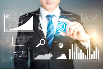 Business intelligence, analytics, key performance indicators on virtual screen