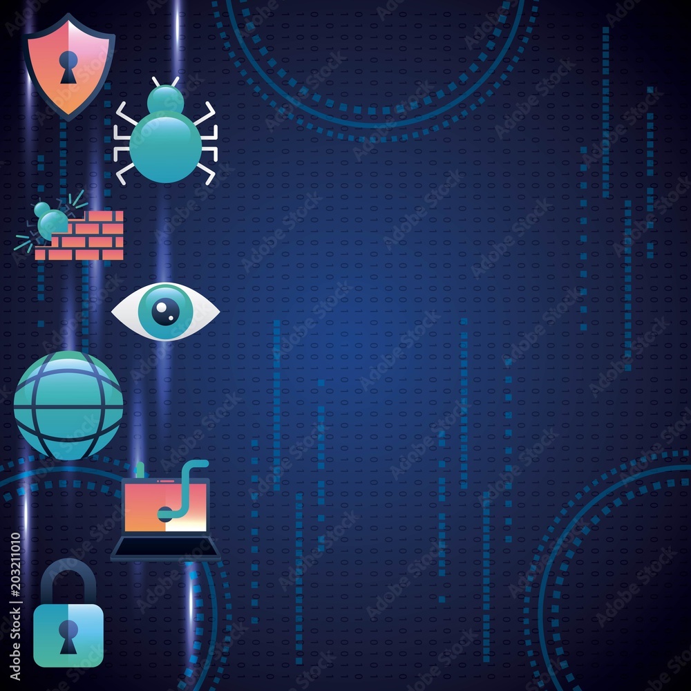 Poster cyber security technology blue circuit background binary numbers colorful firewall worm crime vector