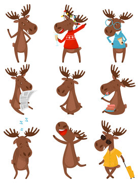 Flat vector set of funny brown moose elk in various actions. Wild forest animal with large branched horns