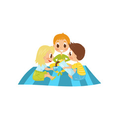 Little kids sitting on picnic carpet and drinking tea. Boy pouring hot chocolate from thermos bottle. Summer recreation. Flat vector design