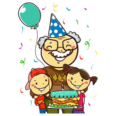 Obraz na płótnie Canvas Illustration of a Grandfather celebrating her Birthday with Kids holding a Cake