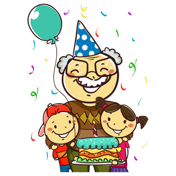 Illustration of a Grandfather celebrating her Birthday with Kids holding a Cake