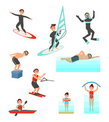 Fototapeta na wymiar Flat vector set with young people involved in various water sports. Summer vacation. Active lifestyle