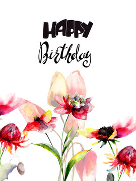 Tulips and Peony flowers with title Happy Birthday