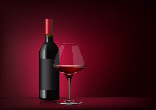Vector image of a bottle of red wine with label and a full glass goblet in photorealistic style on a red dark background. 3d realism illustration