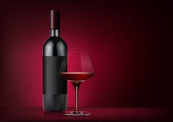 Vector image of a bottle of red wine with label and a full glass goblet in photorealistic style on a red dark background. 3d realism illustration