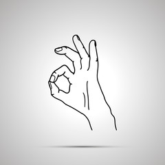 Cartoon hand in OK gesture, simple outline icon on gray