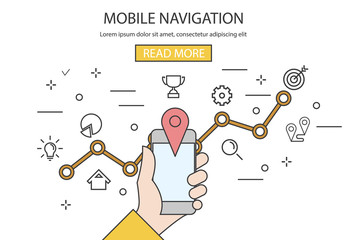 Mobile navigation. Vector illustration of hand holding phone with map and marker. Mobile navigation ideas concept. Flat style design for web, site, business presentation. EPS10