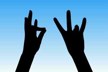 Yoga for fingers in morning. Vector illustration with isolated silhouette of hands, showing mudra of Earth. Blue pastel background