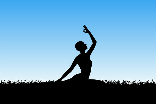 Yoga in morning. Vector illustration with isolated silhouette of yoga girl on grass. Blue pastel background