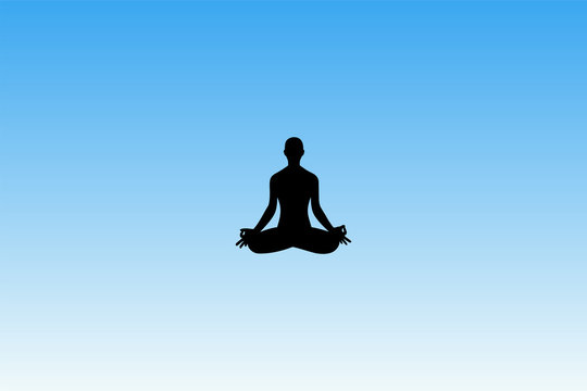 Yoga in morning. Vector illustration with isolated silhouette of yoga girl in lotus pose. Blue pastel background