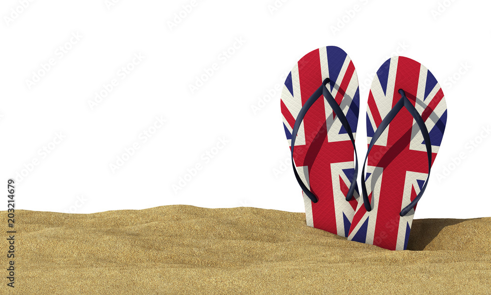 Wall mural uk flag flip flop sandals on a white background. 3d rendering