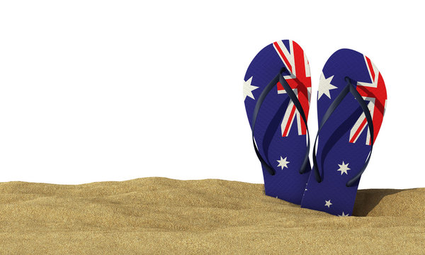 Australia flag flip flop sandals on a white background. 3D Rendering