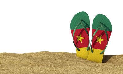 Cameroon flag flip flop sandals on a white background. 3D Rendering