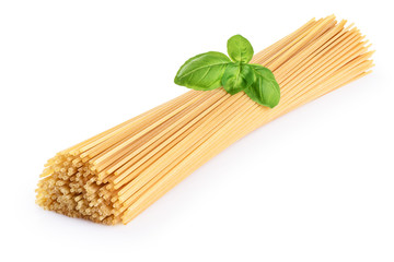 Spaghetti and basil isolated on white background. Raw.