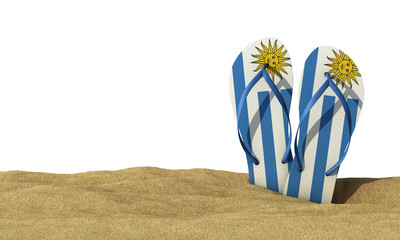 Uruguay flag flip flop sandals on a white background. 3D Rendering