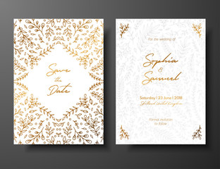 Wedding vintage invitation,save the date card with golden twigs and flowers. Cover design with gold botanical ornaments. Gold cards templates for save the date, invites, greeting cards, place for text